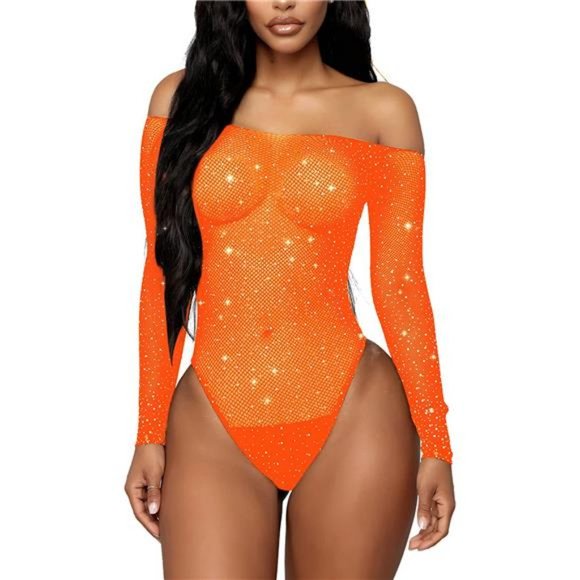 Intimates Sleepwear Rslove Women Lingerie Fishnet Bodysuit Sparkle Rhinestone Sexy Mesh